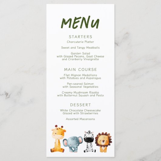 Een wilde is op de weg Safari Baby shower menu (Voorkant)
