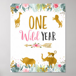 Eén Wilde Jaar Roze Gold Safari Birthday Sign Poster
