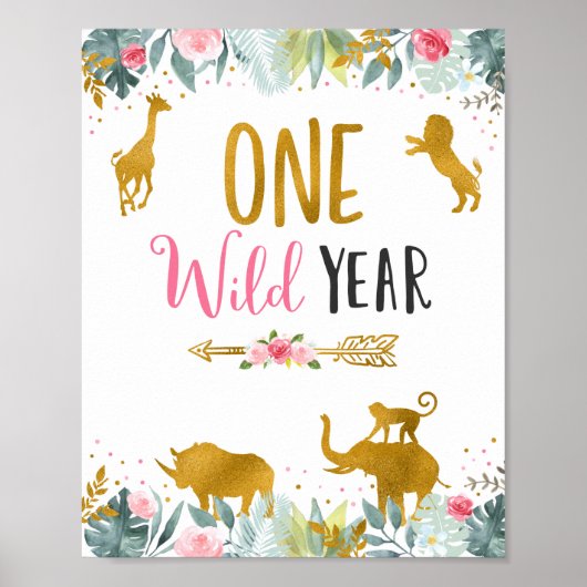 Eén Wilde Jaar Roze Gold Safari Birthday Sign Poster (Voorkant)
