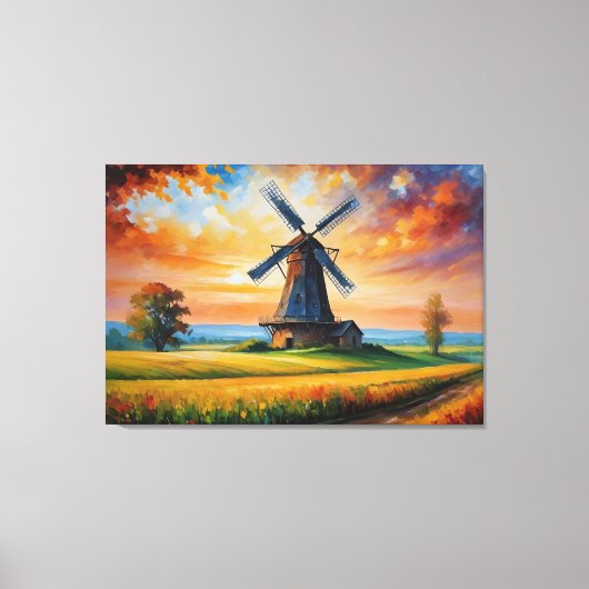 Een windmolen in een veld canvas afdruk (Voorkant)