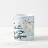 Een winterdag met een kerstboom bedekt met sneeuw koffiemok (Center)