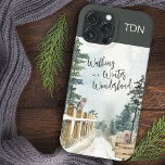 Een winterlandschapsmonogram lopen Case-Mate iPhone case<br><div class="desc">Winter Landscape phone case, geletterd met "Walking in a Winter Wonderland" in trendy script typografie. Dit rotsachtige landontwerp heeft een waterverf scène uit een sneeuwbos, dennenbomen, een rover en een uil op de hek. Ontworpen voor de iPhone 13 Pro Max, maar geschikt voor veel andere modellen. Als u een verschillend...</div>