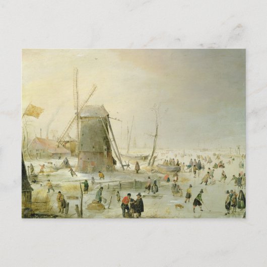 Een winterscène met skaters van een windmolen briefkaart (Voorkant)