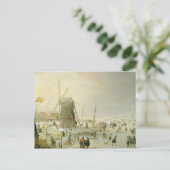 Een winterscène met skaters van een windmolen briefkaart (Staand voorkant)
