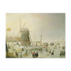 Een winterscène met skaters van een windmolen