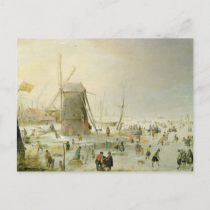 Een winterscène met skaters van een windmolen briefkaart