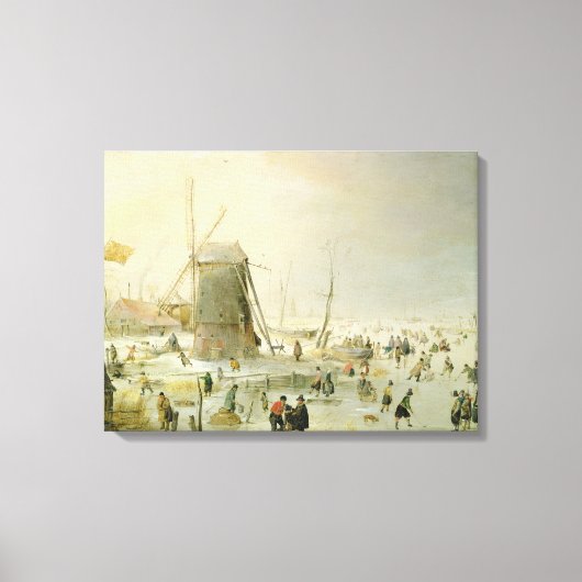 Een winterscène met skaters van een windmolen canvas afdruk (Voorkant)