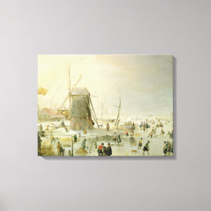 Een winterscène met skaters van een windmolen canvas afdruk