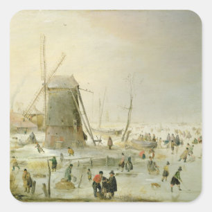 Een winterscène met skaters van een windmolen vierkante sticker