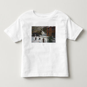Een winterscène, volwassenen die in sneeuw spelen kinder shirts