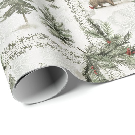 Een winterse bosscène met een Beer en een rode vog Cadeaupapier (Rol Hoek)