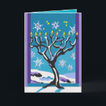 Een winterse Chanoeka Feestdagen Kaart<br><div class="desc">De Chanoeka valt vaak in de winter, enkel aangezien de eerste sneeuwvlokken zacht door de hemel vallen. De mensen steken de lamp van de Chanoeka door een venster, met een uitzicht van de nachthemel aan. Deze die kaart toont een lamp van de Chanoeka, als een snow-covered, naakt-vertakte die boom wordt...</div>