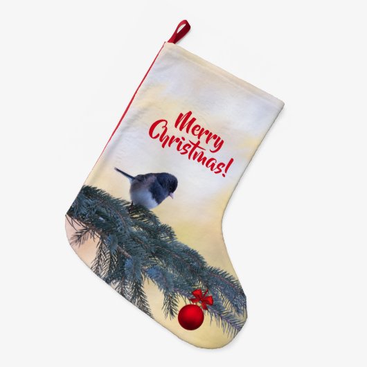 Een wintervogel en een kerstversiering op een grote kerstsok (Voorkant (Hangend))