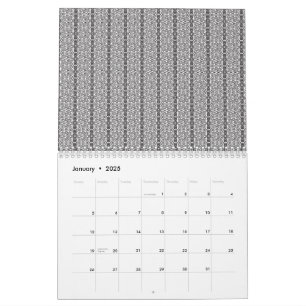 Een wit en grijs geometrisch patroon vult het afbe kalender