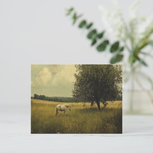 Een wit paard dat op een veld graast briefkaart (Staand voorkant)