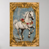 Een wit paard getooid met een bloemenguirlande, poster (Voorkant)