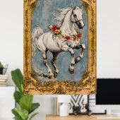 Een wit paard getooid met een bloemenguirlande, poster (Thuiskantoor)