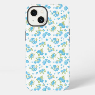 een witte achtergrond met blauwe bloemen en groene iPhone 13 hoesje