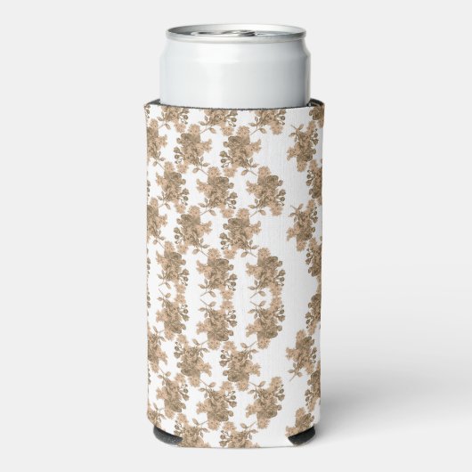 Een witte achtergrond met bruine bloemen erop seltzer blikjeskoeler (Seltzer Achterkant)