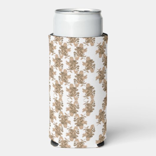 Een witte achtergrond met bruine bloemen erop seltzer blikjeskoeler (Seltzer Voorkant)
