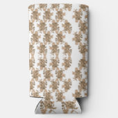 Een witte achtergrond met bruine bloemen erop seltzer blikjeskoeler (Achterkant)
