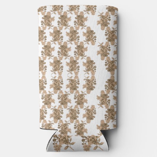 Een witte achtergrond met bruine bloemen erop seltzer blikjeskoeler (Achterkant)