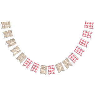 Een witte achtergrond met bruine bloemen erop vlaggetjes