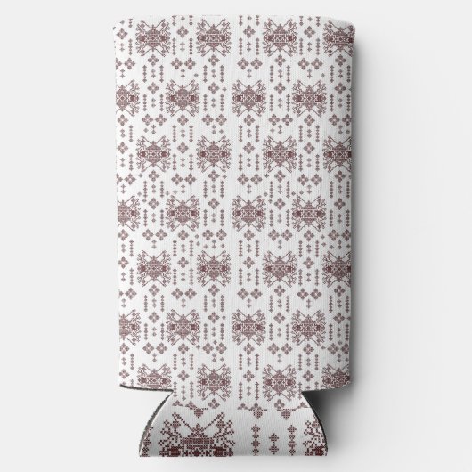 Een witte achtergrond met een rood patroon erop seltzer blikjeskoeler (Achterkant)