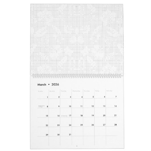 Een witte achtergrond met een speelse opstelling kalender (Mar 2026)