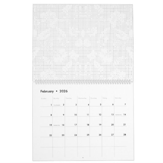 Een witte achtergrond met een speelse opstelling kalender (Feb 2026)