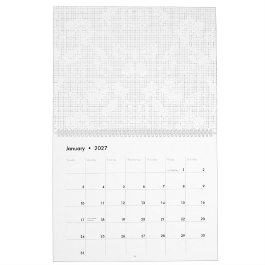 Een witte achtergrond met een speelse opstelling kalender (Jan 2027)