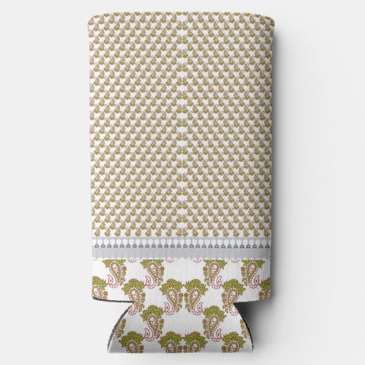 Een witte achtergrond met groene bladeren erop seltzer blikjeskoeler (Achterkant)