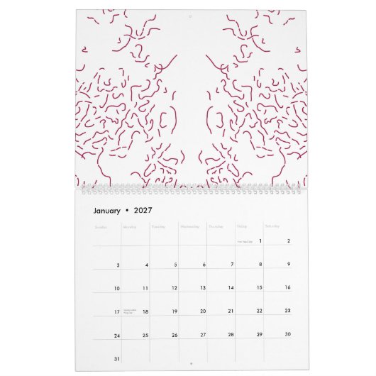 Een witte achtergrond met veel rode lijnen kalender (Jan 2027)