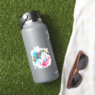 Een witte eenhoorn met regenboogstaart die gereden sticker