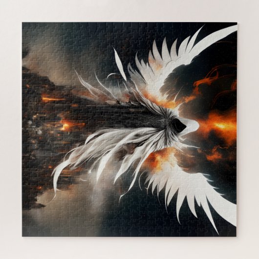 Een witte engel vrouw torent over een vernieling legpuzzel (Horizontaal)