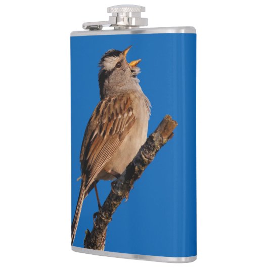 Een witte-Gesneden Sparrow Zingt aan de Zon Heupfles (Links)