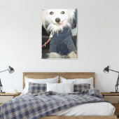 Een witte hond die kleren draagt. canvas afdruk (Insitu (Slaapkamer))