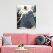Een witte hond die kleren draagt. canvas afdruk (Insitu (Woonkamer))