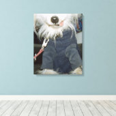 Een witte hond die kleren draagt. canvas afdruk (Insitu (Houten vloer))