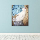 Een witte kat die in een wasmand slaapt, canvas afdruk (Insitu (Houten vloer))