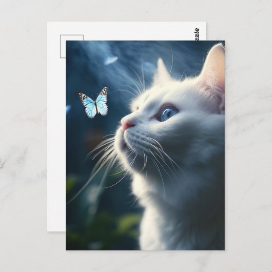 Een witte kat met blauwe ogen kijkt naar een vlind briefkaart (Voorkant / Achterkant)