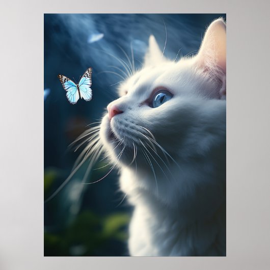 Een witte kat met blauwe ogen kijkt naar een vlind poster (Voorkant)