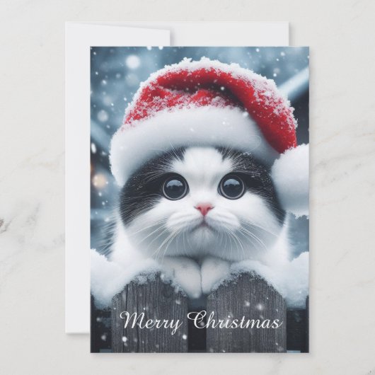 Een witte kat met kerstmuts feestdagenkaart (Voorkant)