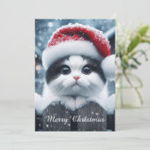 Een witte kat met kerstmuts feestdagenkaart (Staand voorkant)