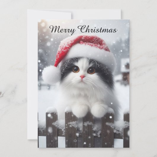 Een witte kat met kerstmuts feestdagenkaart (Voorkant)