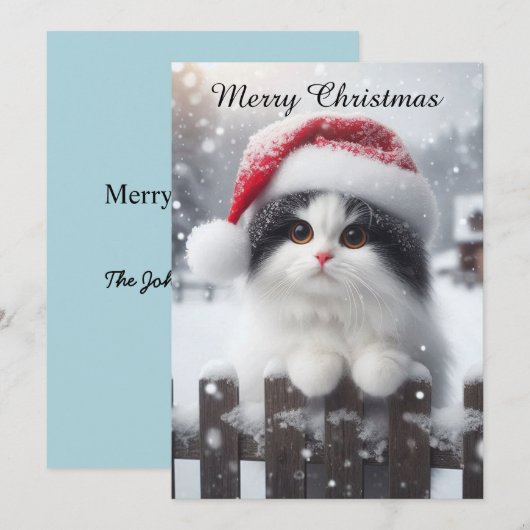 Een witte kat met kerstmuts feestdagenkaart (Voorkant / Achterkant)