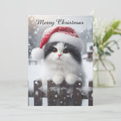 Een witte kat met kerstmuts feestdagenkaart (Staand voorkant)