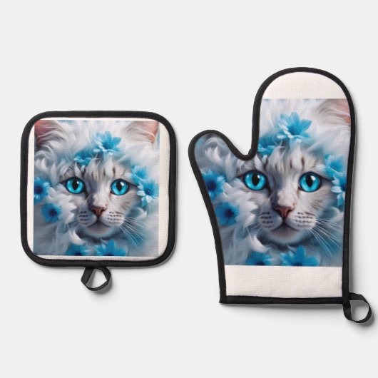 Een witte kat mooie ogen ovenwant & pannenlap set (Voorkant)