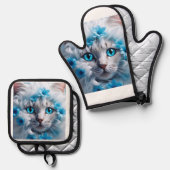 Een witte kat mooie ogen ovenwant & pannenlap set (Voorkant / Achterkant)