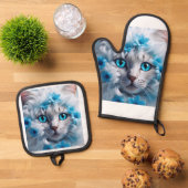 Een witte kat mooie ogen ovenwant & pannenlap set (Top down)